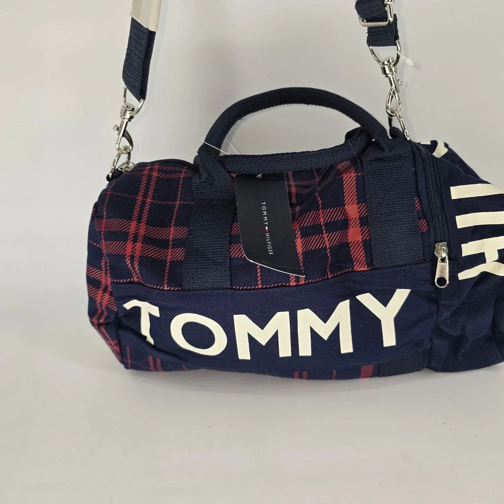 Tommy Hilfiger Mini Duffle Bag Navy Red Plaid Canvas Logo M86913589 467 NWT